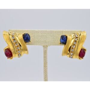 Givenchy Vintage Cabochon On Clip Earrings Gold Red Blue Runway Signed 80s BinAE